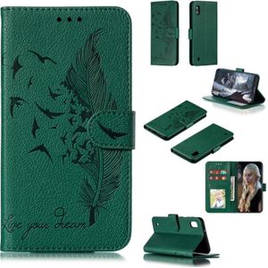 Feather patroon Litchi textuur horizontale Flip lederen draagtas met portemonnee & houder & kaartsleuven voor Galaxy A10 (groen)