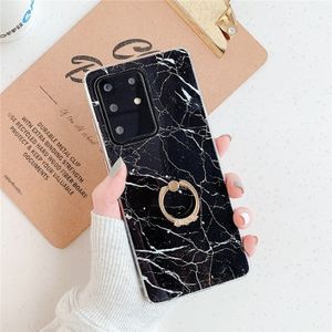 Voor Galaxy S20 Ultra TPU Smooth Marble met Ring Metal Rhinestone Bracket Mobiele Telefoon Beschermhoes (Black Q30)