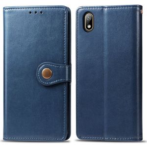 Retro effen kleur lederen gesp mobiele telefoon bescherming lederen draagtas met Lanyard & fotolijstjes & kaartsleuf & portemonnee & beugel functie voor Huawei Y5 2019 (blauw)