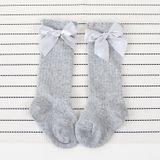 Kinderen sokken peuters meisjes grote boog knie hoge lange zachte katoen kant baby sokken  maat: S (grijs)