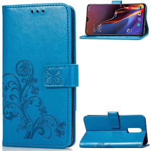 Lucky Clover ingedrukt bloemen patroon lederen draagtas voor OnePlus 6T  met houder & kaartsleuven & portemonnee & hand strap (blauw)
