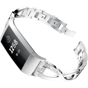 X-vormige diamant-bezaaid metalen stalen polsband horloge band voor Fitbit charge 3 (zilver)