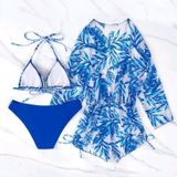 Driedelige bikiniset met bladprint  taille  vetersluiting  strandzwempak met lange mouwen  maat: XL