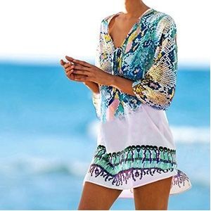 Chiffon Snake Texture Print Badpak Cover-up  Grootte: S (Blauw )