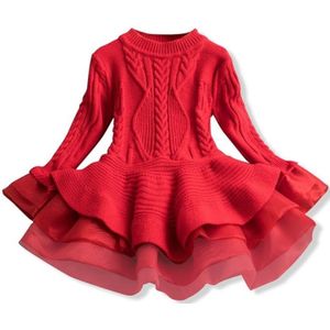 Winter Girls Knit Long Sleeve Sweater Organza Dress Evening Dress  Size:110cm(Red)