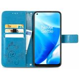 For OnePlus Nord N200 5G Four-leaf Clasp Embossed Buckle Mobile Phone Protection Leather Case with Lanyard & Card Slot & Wallet & Bracket Function(Blue)