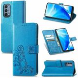 For OnePlus Nord N200 5G Four-leaf Clasp Embossed Buckle Mobile Phone Protection Leather Case with Lanyard & Card Slot & Wallet & Bracket Function(Blue)
