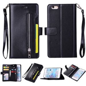 Voor iPhone 6 Plus & 6s Plus Multifunctionele Rits Horizontale Flip Lederen Case met Holder & Wallet & 9 Card Slots & Lanyard(Zwart)