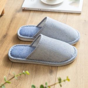 Herfst Winter Huispantoffels Gestreept Linnen Antislip Zachte Onderkant Katoenen Slippers  Maat: 36-37 (Blauw)