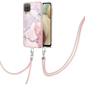 Voor Samsung Galaxy A12 Galvaniseren Marmeren Patroon IMD TPU Shockproof Case met Neck Lanyard (Rose Gold 005)