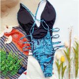 One-piece Open Back Swimsuit Snake Print Beach Bikini (Kleur: Blauwe maat: L)