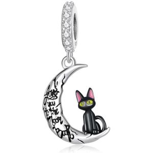 S925 Sterling Silver Moon Black Cat Pendant DIY Bracelet Necklace Accessories