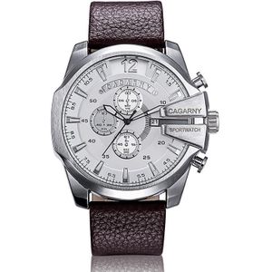 CAGARNY 6839 Irregular Large Dial Leather Band Quartz Sports Watch For Men(Silver White Brown)