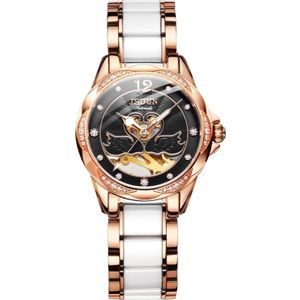 JIN SHI DUN 8831 Women Fashion Diamond Hollowed Waterproof Mechanical Watch (Zwart)