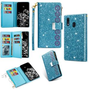 Voor Samsung Galaxy A30 / A20 Multi-card Slots Starry Sky Laser Carving Glitter Zipper Horizontale Flip Lederen Case met Holder & Wallet & Lanyard(Sky Blue)