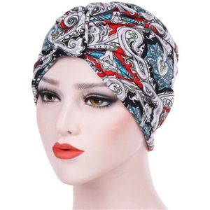 Vrouwen Floral Cotton Turban Hat Wrap Cap  Maat: M(56-58cm)(Grijze Cashew Bloem)