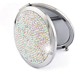 Diamant-ingelegde metalen dubbele kant vouwen mini draagbare ronde kleine make-up spiegel (kleur wit)