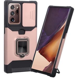 For Samsung Galaxy Note20 Ultra Sliding Camera Cover Design PC + TPU Shockproof Case with Ring Holder & Card Slot(Rose Gold)