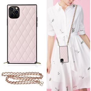 Elegant Rhombic Pattern Microfiber Leather + TPU Shockproof Case met Crossbody Strap Chain voor iPhone 11 Pro (Pink)