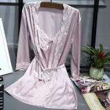 2 in 1 Dames Kant Zijden Sling Nightdress + Vest Nightgown Set (Kleur: LIGHT COFFEE Size:Xl)