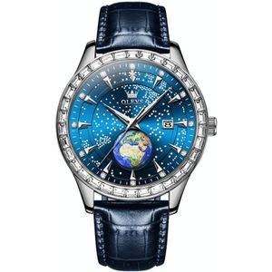 OLEVS 9967 Men Starry Sky Face Diamond Bezel quartz horloge (blauwe lederen band)
