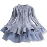 Winter Girls Knit Long Sleeve Sweater Organza Dress Evening Dress  Size:140cm(Grey)