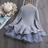 Winter Girls Knit Long Sleeve Sweater Organza Dress Evening Dress  Size:140cm(Grey)