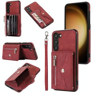 For Samsung Galaxy S23 Ultra 5G Zipper RFID Card Slots Phone Case with Short Lanyard(Red)