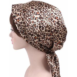 2 PCS TJM-226 Dames Satin Print Lint Bow Turban Hat Night Cap Silk Chemotherapy Hat Long Tail Braid Hat (Leopard)