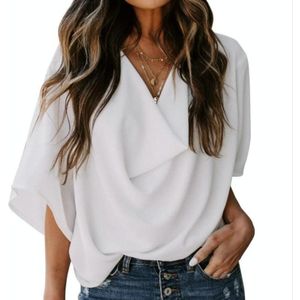 Solid Color Losse V-hals Bat Sleeve T-shirt met korte mouwen voor vrouwen (kleur: wit Maat: XL)