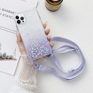 Voor iPhone 15 Pro Max Gradint Glitter Epoxy TPU Verdikt Acryl Telefoonhoesje met Breed Lanyard (Paars)