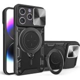 Voor iPhone 15 Pro Max CD Textuur Sliding Camshield Magnetische Houder Telefoon Case (Zwart)