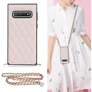 Voor Samsung Galaxy S10e Elegant Rhombic Pattern Microfiber Leather + TPU Shockproof Case met Crossbody Strap Chain (Pink)