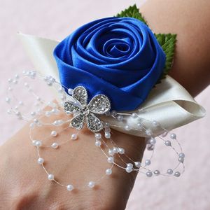 Handgemaakte Wedding Bride pols bloem corsages boeket Corsage Diamond satijn Rose Flowers(Blue)