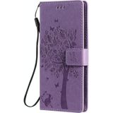 Voor OPPO F17 Pro / Reno4 Lite Tree & Cat Patroon Geperst Printen Horizontale Flip PU Lederen case met Holder & Card Slots & Wallet & Lanyard(Light Purple)