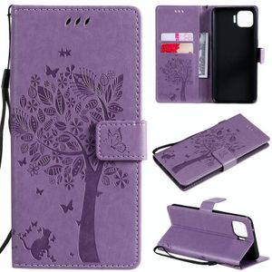 Voor OPPO F17 Pro / Reno4 Lite Tree & Cat Patroon Geperst Printen Horizontale Flip PU Lederen case met Holder & Card Slots & Wallet & Lanyard(Light Purple)