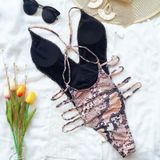 One-piece Open Back Swimsuit Snake Print Beach Bikini (Kleur: Beige Size:S)