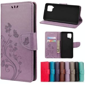 Voor Samsung Galaxy A42 5G Butterfly Flower Pattern Horizontale Flip Lederen case met Holder & Card Slots & Wallet(Light Purple)