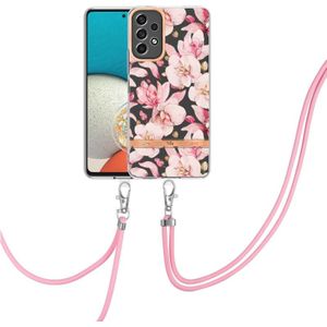 Voor Samsung Galaxy A73 5G Flowers -serie TPU -telefoonhoesje met lanyard (Pink Gardenia)