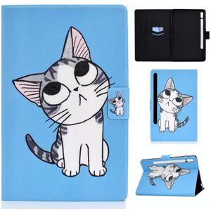 Voor Samsung Galaxy Tab S7 11.0 T870 Gekleurde tekenpatroonspanning horizontale flip zwarte tpu + PU lederen behuizing met Holder & Card Slots & Anti-skid Strip & Sleep / Wake-up Function(Blue Background Cat)