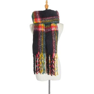 Herfst & Winter Polyester Dames Warmte Verdikte Franje Fine Grid Sjaal  Maat: 190cm (GWB12-07 Zwart)