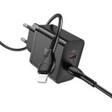 Hoco N35 Streamer PD45W USB-C / Type-C dubbele poort opladerset met Type-C naar 8-pins kabel  EU-stekker