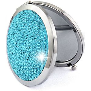 Diamant-ingelegde metalen dubbele kant vouwen mini draagbare ronde kleine make-up spiegel (hemelsblauw)