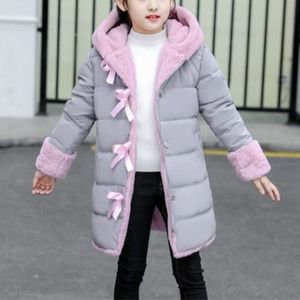 Winter meisjes Mid-Length dikke warme Bow-knoop Hooded katoenen kleding jas  Kid grootte: 160cm (roze)