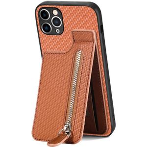 Voor iPhone 11 Pro Max Koolstofvezel Verticale Flip Rits Telefoon Case(Bruin)