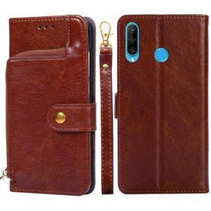 Voor Huawei P30 Lite / Nova 4E Zipper Bag PU + TPU Horizontale Flip Lederen Case met Houder & Card Slot & Wallet & Lanyard (Brown)