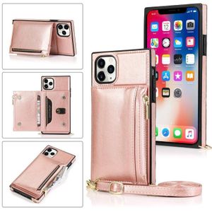 Vierkante rits portemonnee tas TPU + PU Back Cover Case met houder & kaartslots & portemonnee & cross-body riem voor iPhone 11 Pro Max(Rose Glod)