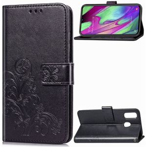 Lucky klaver geperst bloemen patroon lederen case voor Galaxy A40  met houder & card slots & portemonnee & hand strap (zwart)