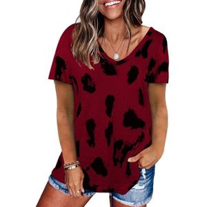 Leopard Texture Print Losse T-shirt met korte mouwen voor dames (Kleur: Wijnrood Maat: M)