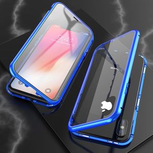Voor iPhone XS Max Ultra Slim Dubbele zijkanten Magnetische Adsorption Hoekige Frame Tempered Glass Magnet Flip Case (Blauw)